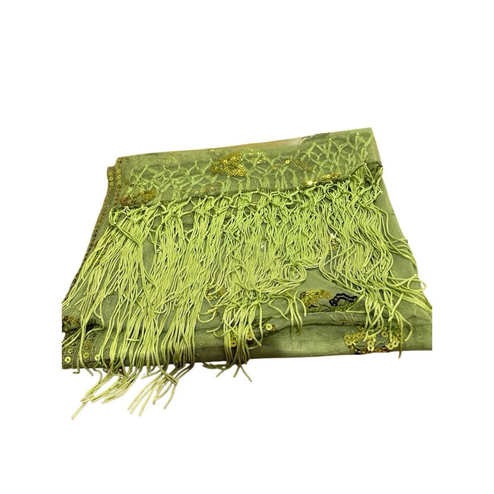 Vintage Scarf shawl Glitter sequins fringe Sparkle green